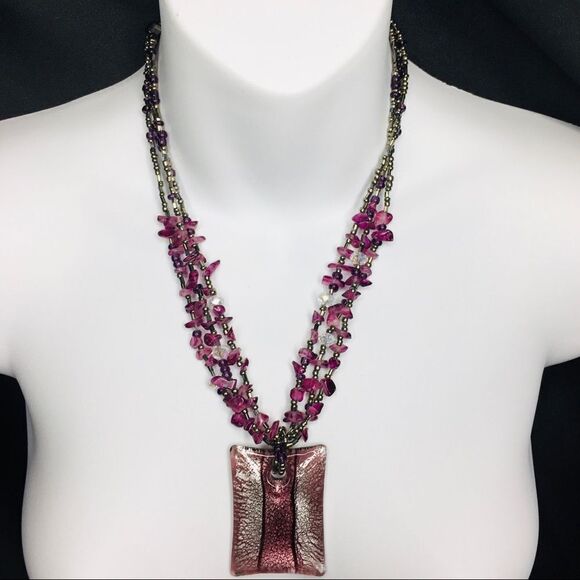 Designer Artisan CG Amethyst Purple Art Glass Necklace 4418 - Picture 2 of 9